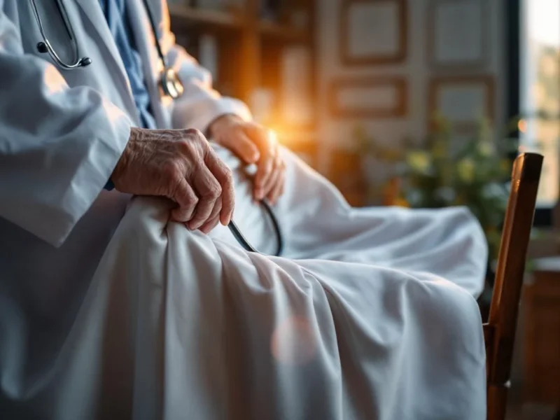 Verwitterte Hände legen Stethoskop auf weißen Arztkittel über Stuhl, Übergang vom Arztberuf in den Ruhestand