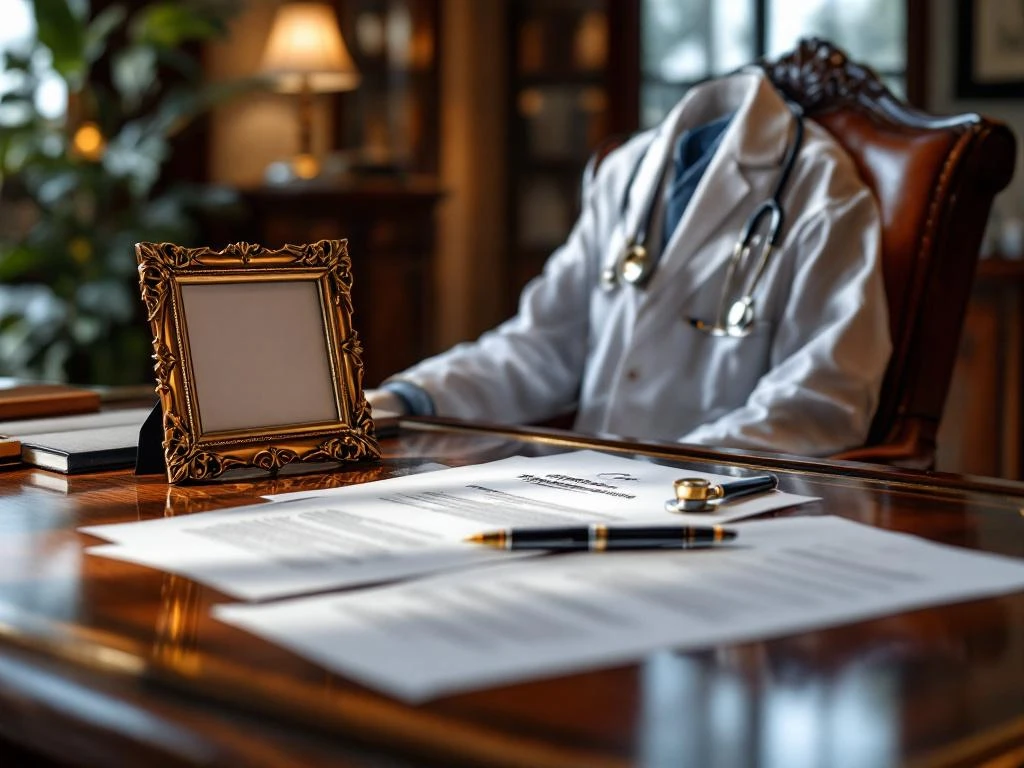 Mahagoni-Schreibtisch mit weißem Arztkittel, Stethoskop und Diplom in elegantem Arztpraxis-Büro