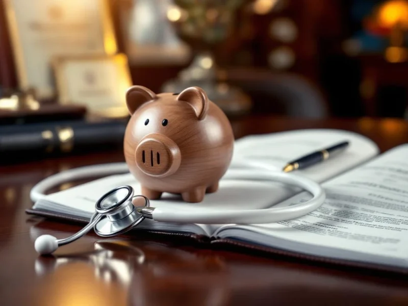 Stethoskop um Holzsparschwein auf Schreibtisch mit medizinischen Diplomen, symbolisiert Arzt-Finanzplanung