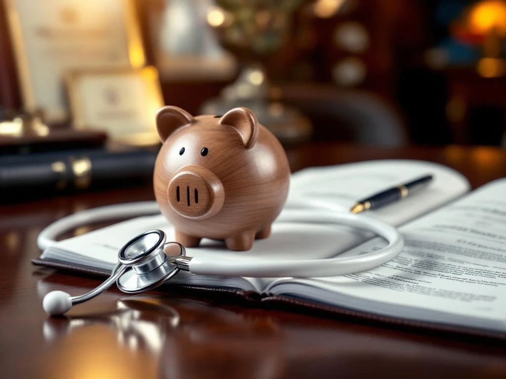 Stethoskop um Holzsparschwein auf Schreibtisch mit medizinischen Diplomen, symbolisiert Arzt-Finanzplanung