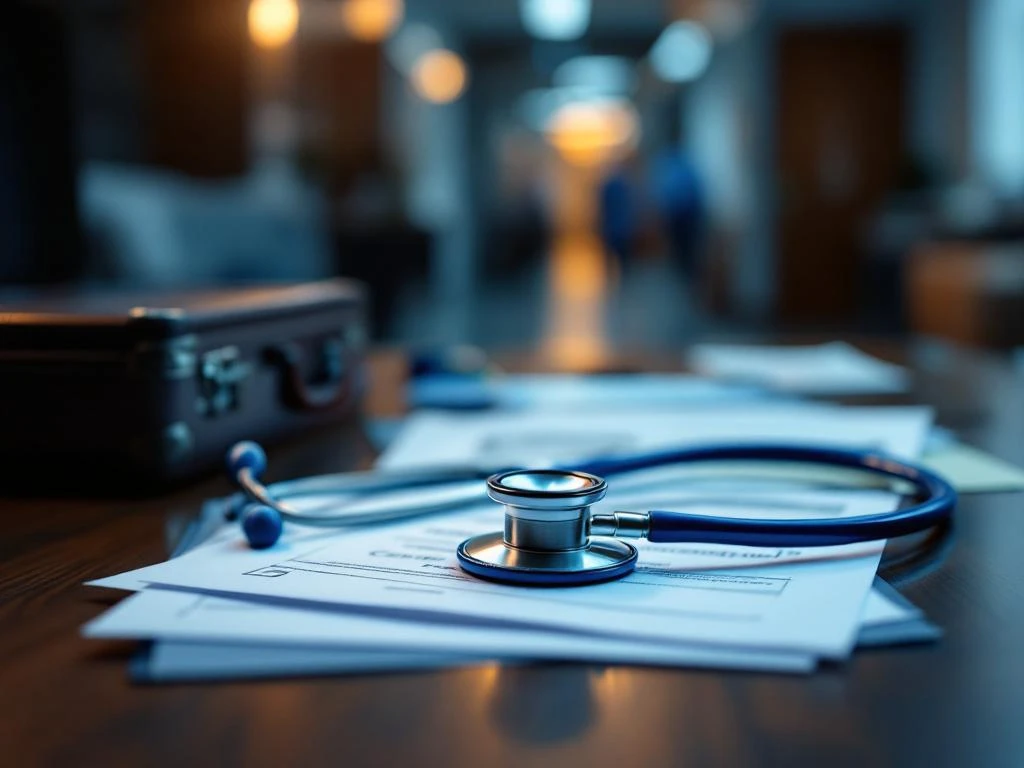 Stethoskop liegt auf geöffnetem Aktenkoffer mit medizinischen Dokumenten auf Schreibtisch in Krankenhaus
