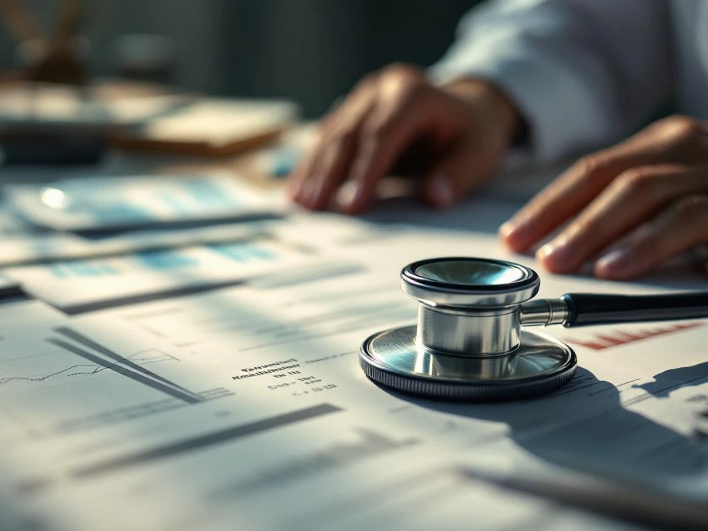 Stethoskop auf Finanzunterlagen und Rentenplanungsdokumenten mit Arzthänden im Hintergrund