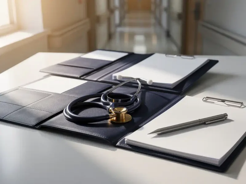 Stethoskop auf geöffnetem Lederportfolio neben modernem Klemmbrett auf klinischem Schreibtisch, warmes Fensterlicht, Krankenhausflur im Hintergrund.