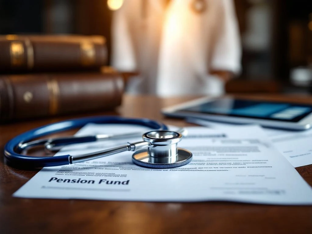 Stethoskop auf medizinischen Dokumenten und Rentenpapieren auf Mahagoni-Schreibtisch mit Tablet im Hintergrund