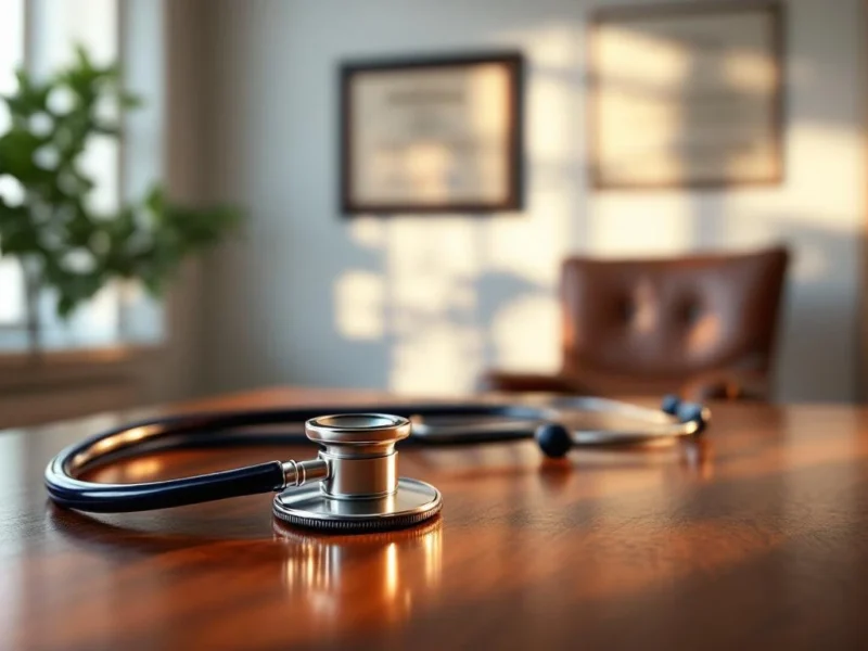 Stethoskop auf Mahagoni-Schreibtisch in Arztpraxis mit Diplomen an der Wand und Ledersessel im Hintergrund