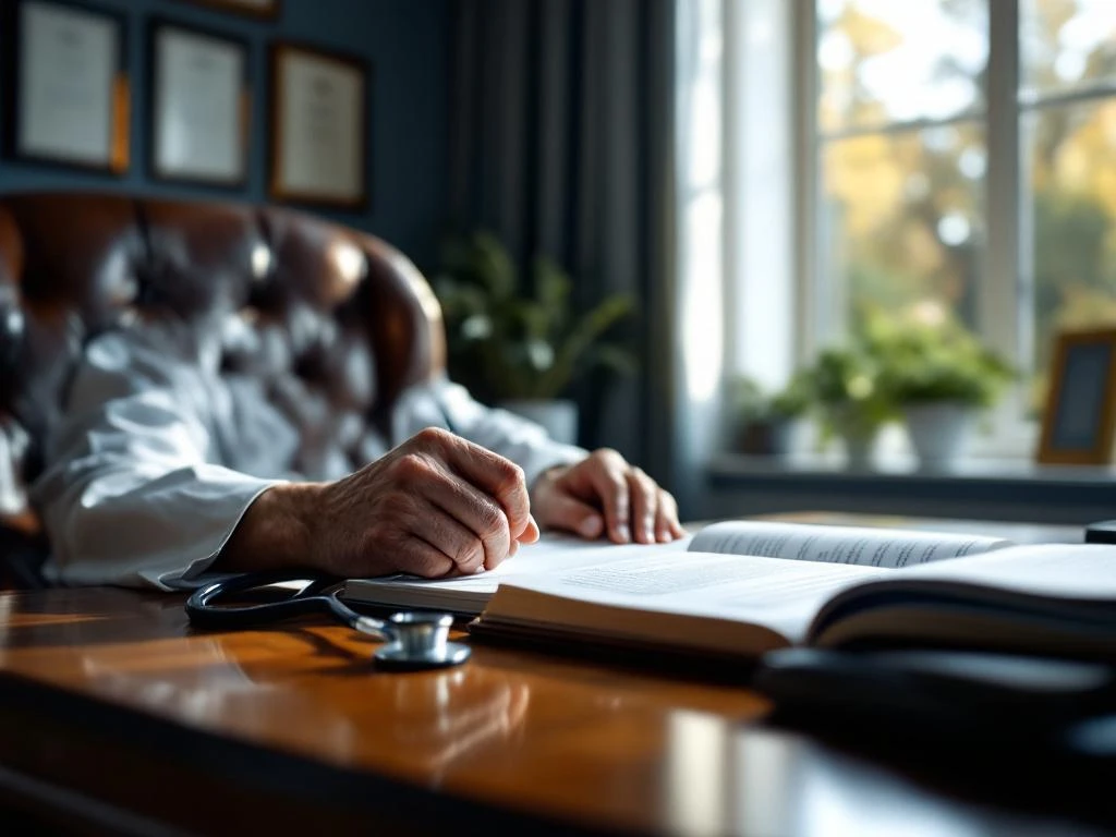 Arzt legt Stethoskop auf Schreibtisch neben medizinischem Journal, weißer Kittel über Stuhl, Diplome im Hintergrund