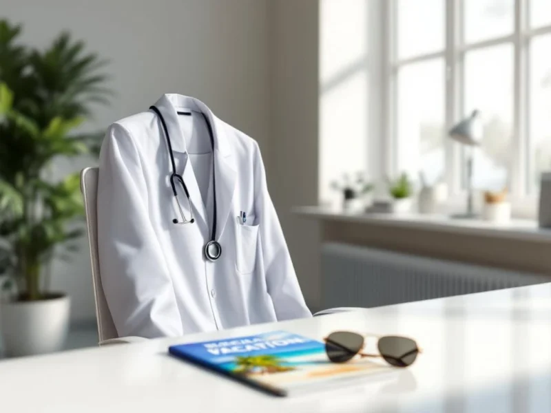 Weißer Arztkittel über Bürostuhl mit Reiseprospekt und Sonnenbrille auf Schreibtisch, symbolisiert Work-Life-Balance