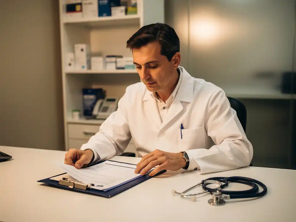 Arzt im weißen Kittel prüft Patientenakte am Schreibtisch, Stethoskop daneben, ruhige medizinische Beratungsatmosphäre.