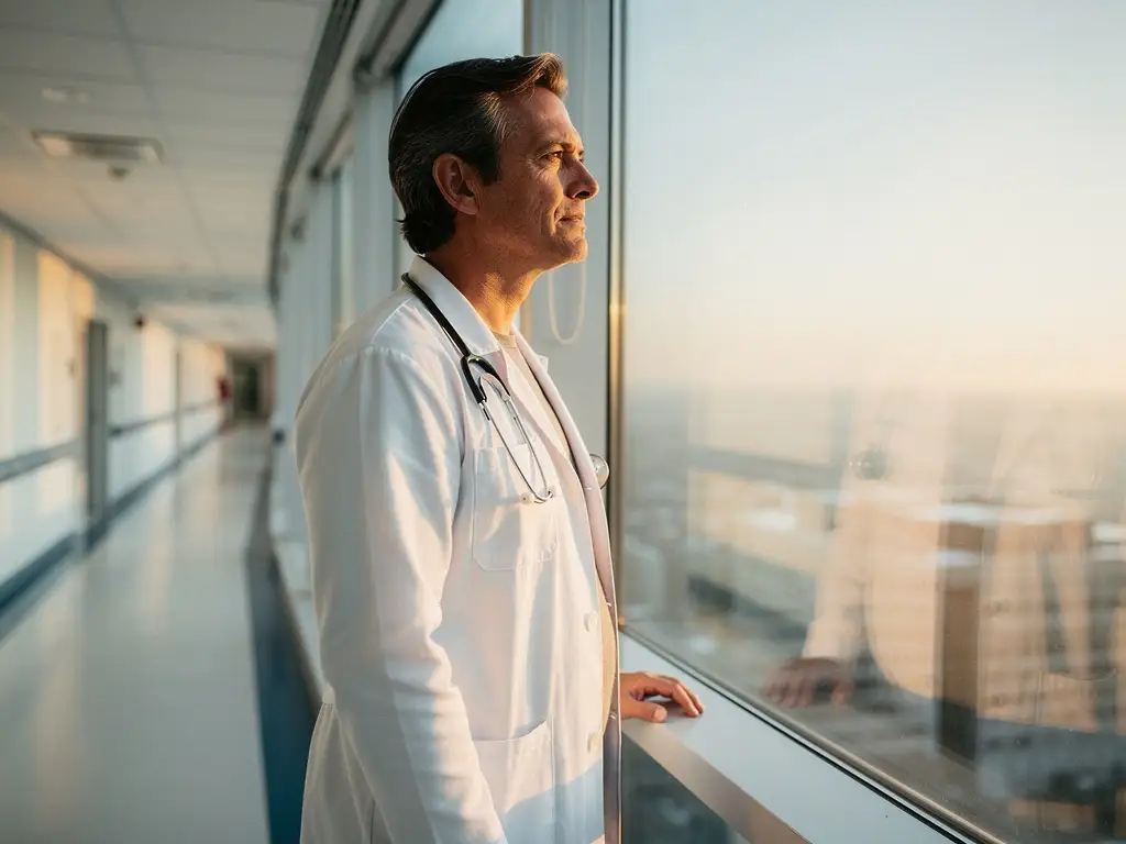 Arzt im weißen Kittel blickt durch ein Krankenhausfenster in den Himmel, Stethoskop über der Schulter, warmes Gegenlicht.
