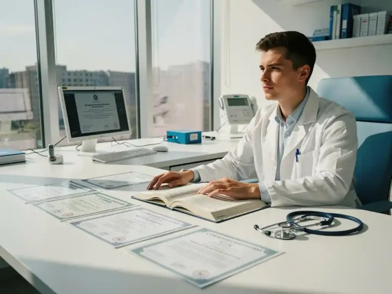 Junger Arzt im weißen Kittel studiert Medizinbücher und Fortbildungszertifikate am Krankenhausschreibtisch