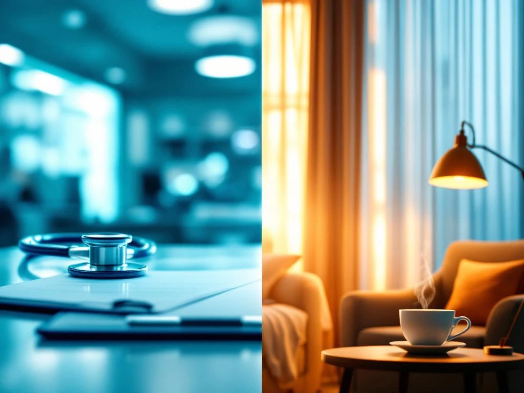 Geteiltes Bild: Stethoskop auf Krankenhausschreibtisch links, gemütlicher Sessel mit Kaffeetasse rechts zeigt Work-Life-Balance