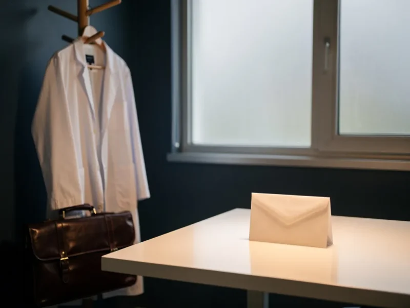 Weißer Arztkittel an einem Garderobenständer neben einer Ledertasche, versiegelter Umschlag auf klinischem Schreibtisch, warmes Licht.