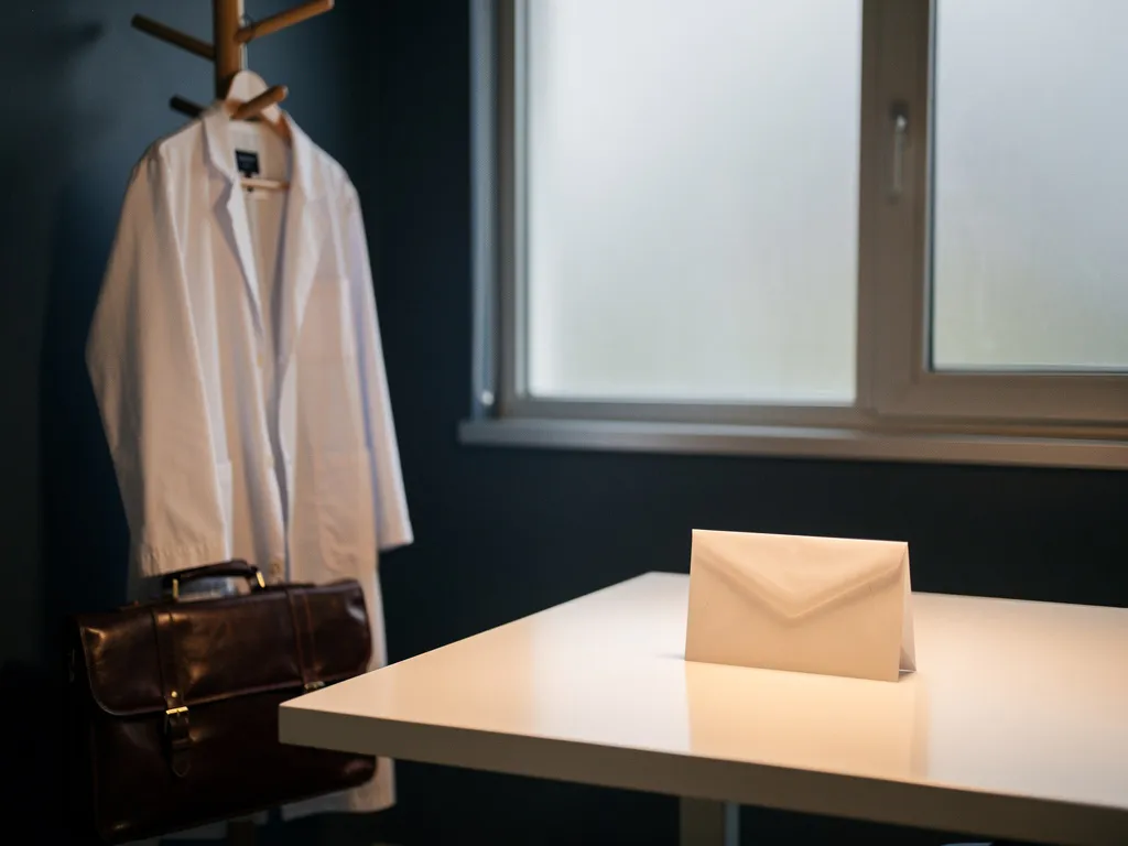 Weißer Arztkittel an einem Garderobenständer neben einer Ledertasche, versiegelter Umschlag auf klinischem Schreibtisch, warmes Licht.