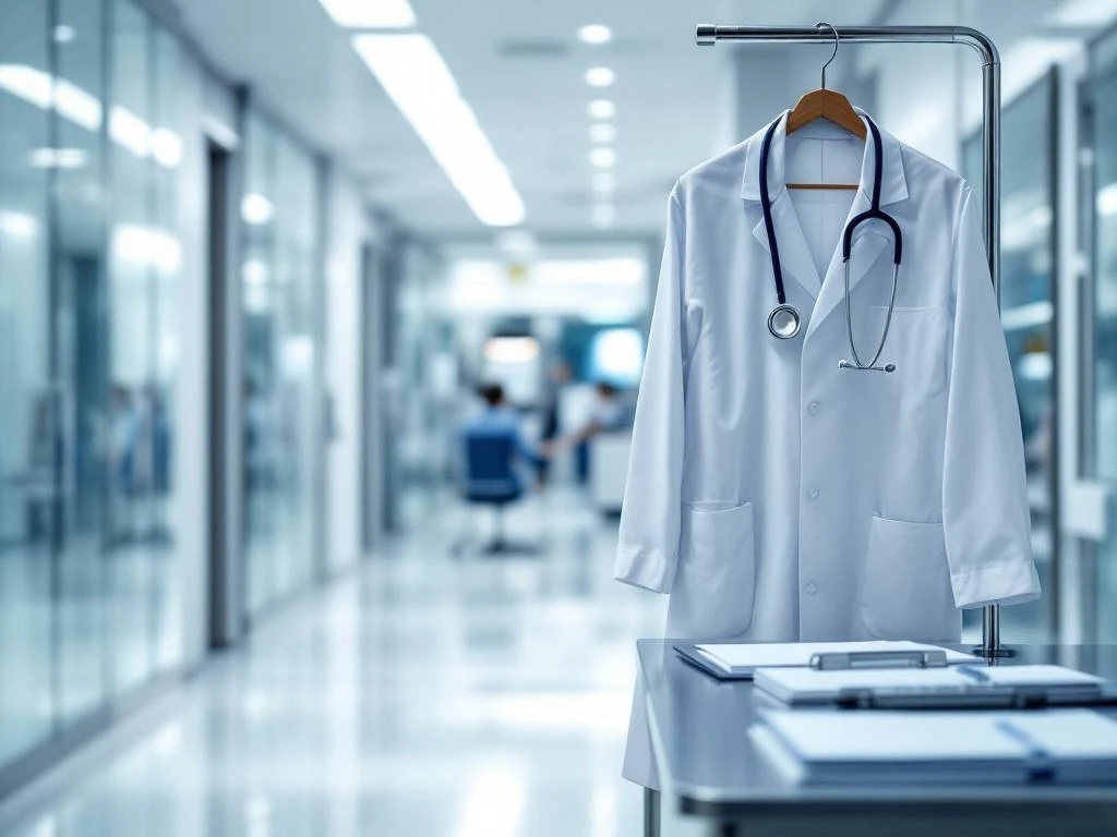 Weißer Arztkittel mit Stethoskop an Chromständer in modernem Krankenhauskorridor mit medizinischer Ausrüstung