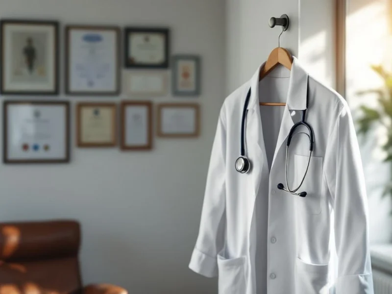 Weißer Arztkittel mit Stethoskop hängt an Garderobe in Arztpraxis mit Diplomen im Hintergrund