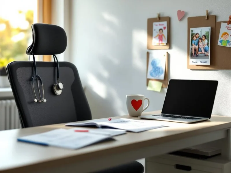 Medizinischer Arbeitsplatz mit Stethoskop auf Stuhl, Familienfoto auf Schreibtisch und Kinderzeichnungen an Pinnwand