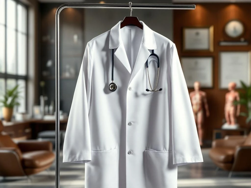Weißer Arztkittel mit Stethoskop an Chromständer in luxuriösem Arztbüro mit Ledermöbeln und Diplomen