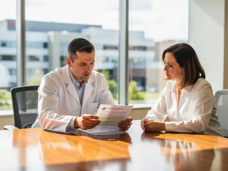 Arzt und Krankenhausverwalter besprechen Arbeitsvertrag am Konferenztisch im modernen Krankenhaus-Besprechungsraum