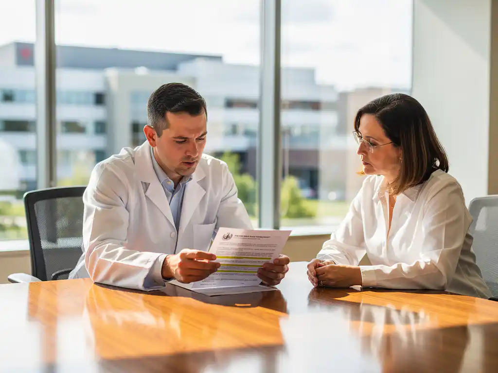 Arzt und Krankenhausverwalter besprechen Arbeitsvertrag am Konferenztisch im modernen Krankenhaus-Besprechungsraum