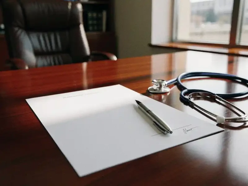 Medizinischer Arbeitsvertrag auf Mahagoni-Schreibtisch mit silbernem Stift und Stethoskop in professionellem Arztbüro