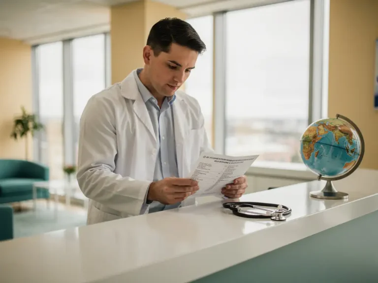 Ausländisch ausgebildete Ärztin im weißen Kittel prüft mehrsprachiges Dokument am Empfangstresen einer modernen Klinik, Globus und Stethoskop daneben.