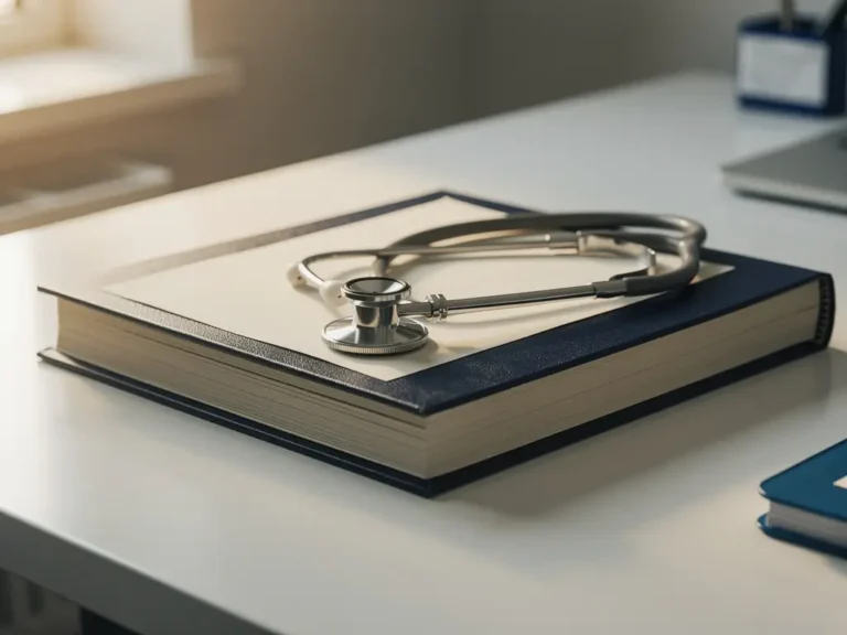 Ausländisches Medizindiplom und offizieller Dokumentenordner auf klinischem Schreibtisch mit Stethoskop im weichen Morgenlicht.