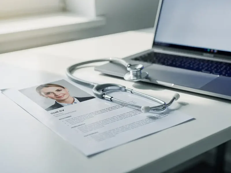 Gedruckter Lebenslauf mit Bewerberfoto neben Laptop mit digitaler Bewerbung auf weißem Arztpraxis-Schreibtisch, Stethoskop darüber