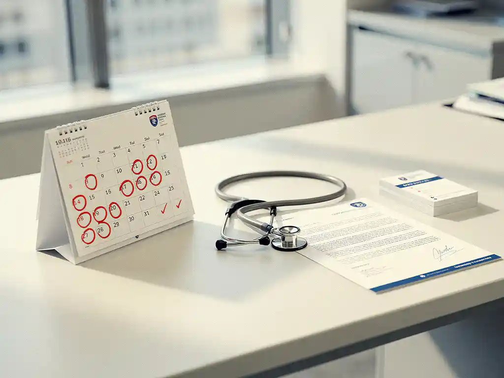 Weißer Schreibtischkalender mit rot eingekreisten Terminen neben Stethoskop und Krankenhaus-Briefpapier in modernem Arztbüro