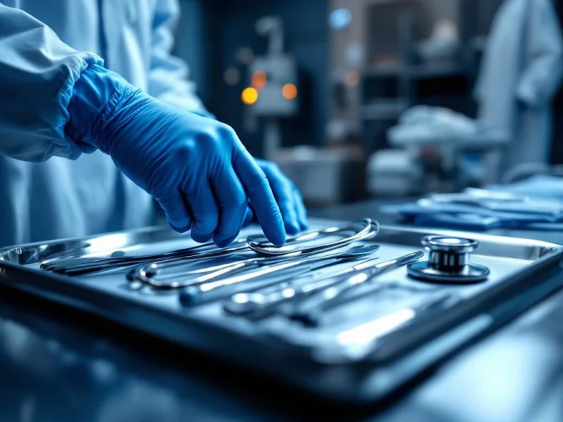 Chirurg in blauen Handschuhen ordnet Stethoskop und sterile Instrumente auf Metalltablett in OP-Umgebung an