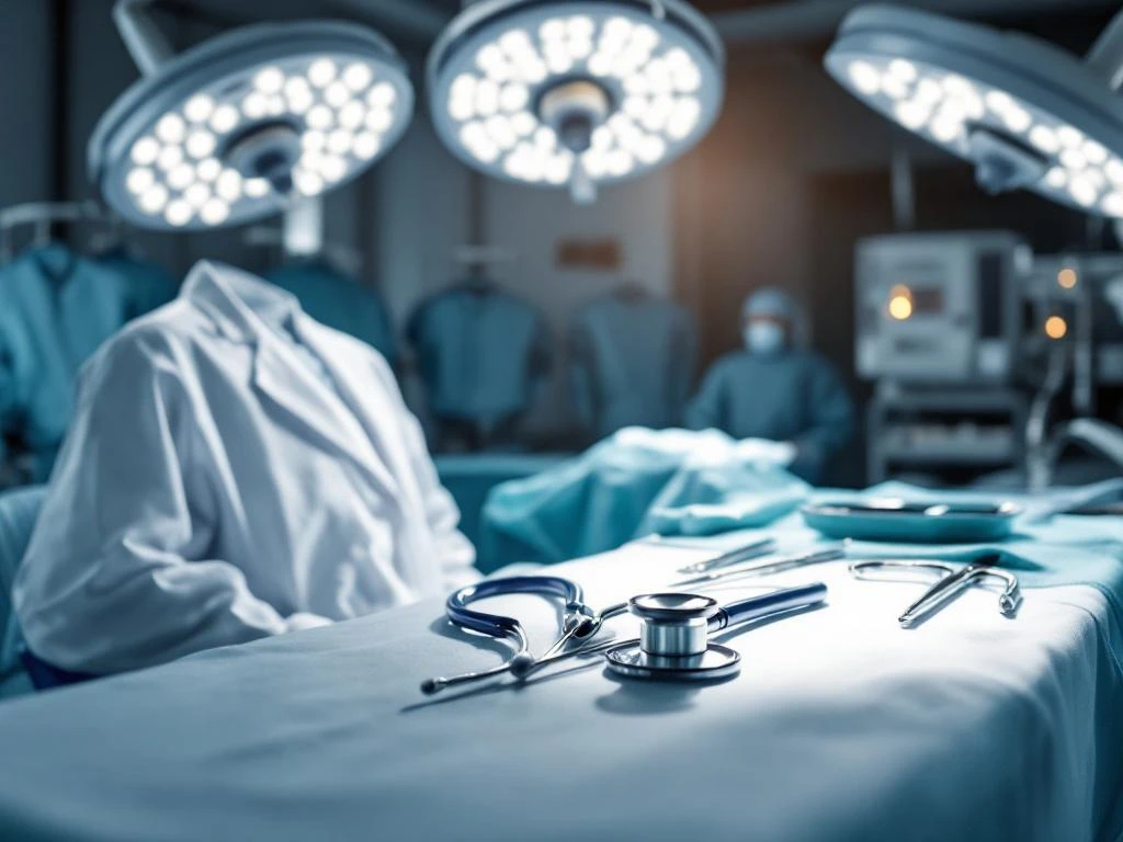 Steriler Operationssaal mit chirurgischen Instrumenten, Arztkittel und medizinischer Ausrüstung unter OP-Leuchten