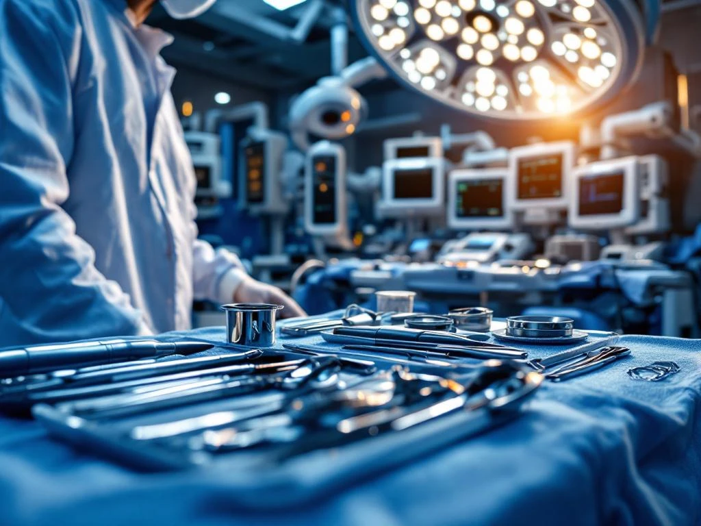 Steriler Operationssaal mit chirurgischen Instrumenten auf Edelstahltabletts und modernen medizinischen Geräten