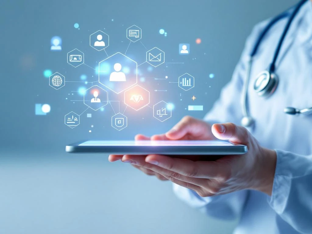 Stethoskop auf Tablet mit holographischen medizinischen Symbolen, Hände in Arztkittel nutzen digitale Gesundheitstechnik