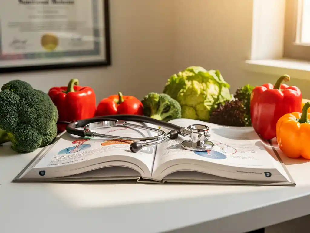 Stethoskop auf aufgeschlagenem Ernährungsmedizin-Lehrbuch mit frischem Brokkoli und Paprika auf weißem Schreibtisch