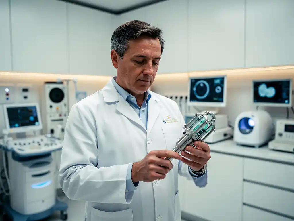 Spezialarzt in weißem Kittel untersucht medizinisches Instrument in moderner Praxis mit Diagnostikgeräten