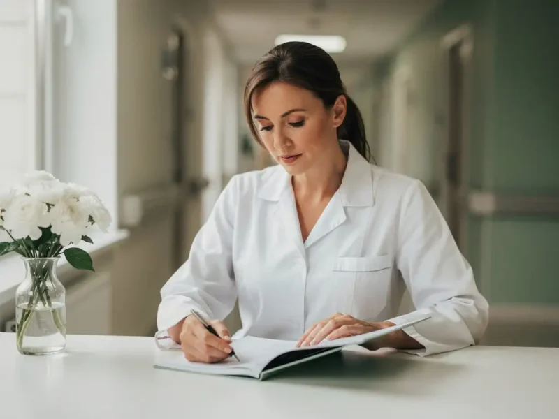 Gynäkologin im weißen Kittel prüft Patientenakte am Beratungstisch mit weißem Blumenstrauß, moderner Klinikflur im Hintergrund.