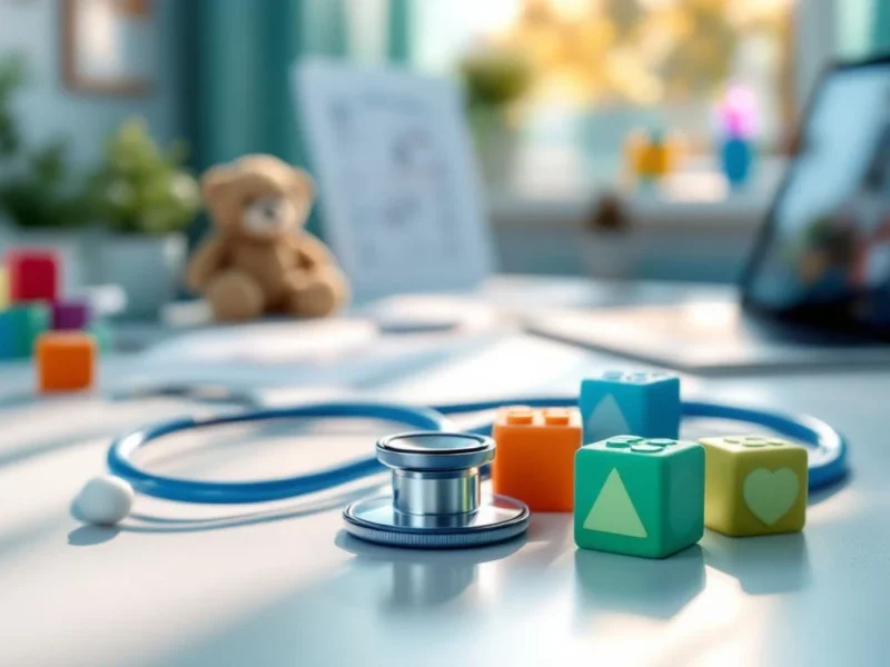 Stethoskop neben bunten Bauklötzen und Teddybär auf weißem Schreibtisch in kinderfreundlicher Arztpraxis