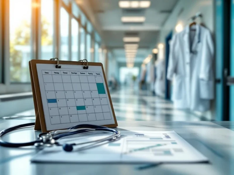 Stethoskop und Terminkalender auf Krankenhausschreibtisch mit hellen Korridoren und weißen Arztkitteln im Hintergrund