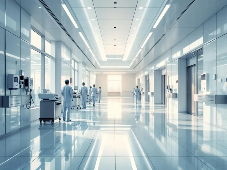 Moderne Krankenhaus-Kreuzung mit weißen Wänden und mehreren Korridoren, die verschiedene Richtungen symbolisieren