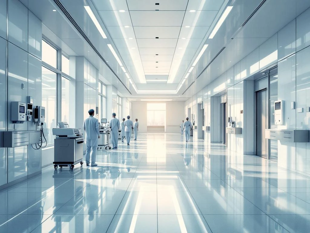Moderne Krankenhaus-Kreuzung mit weißen Wänden und mehreren Korridoren, die verschiedene Richtungen symbolisieren