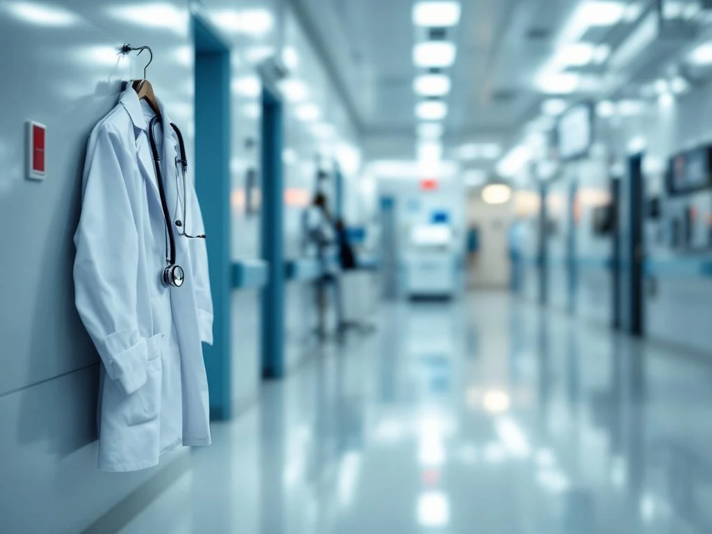 Stethoskop auf Krankenakte in sterilem Krankenhaus-Flur mit weißen Wänden und medizinischer Ausrüstung