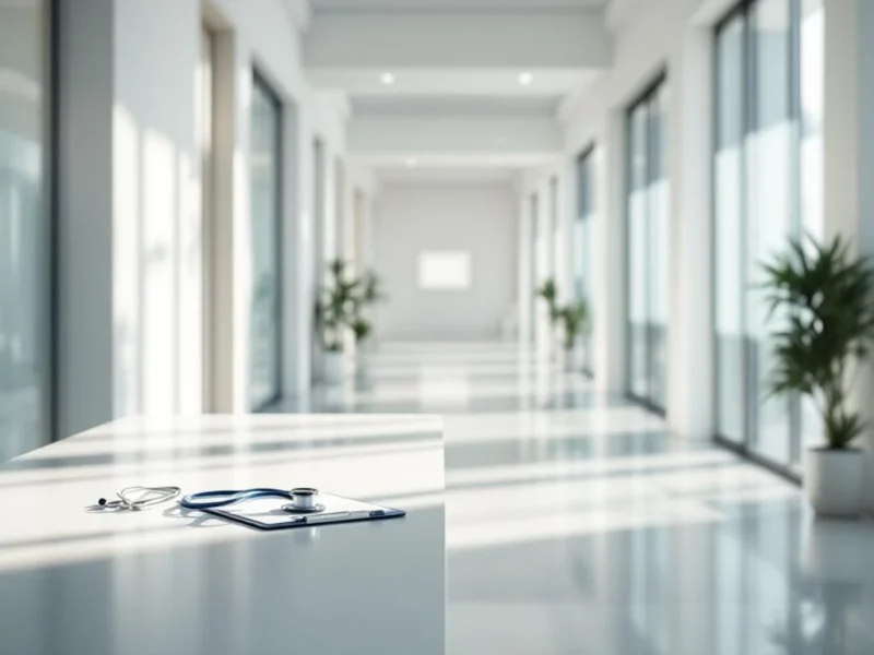 Moderner Krankenhausflur mit Stethoskop auf Empfangstresen, geteilte Ansicht zeigt Anstellung vs. Freelance-Arbeitsplatz