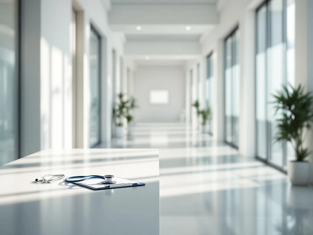 Moderner Krankenhausflur mit Stethoskop auf Empfangstresen, geteilte Ansicht zeigt Anstellung vs. Freelance-Arbeitsplatz