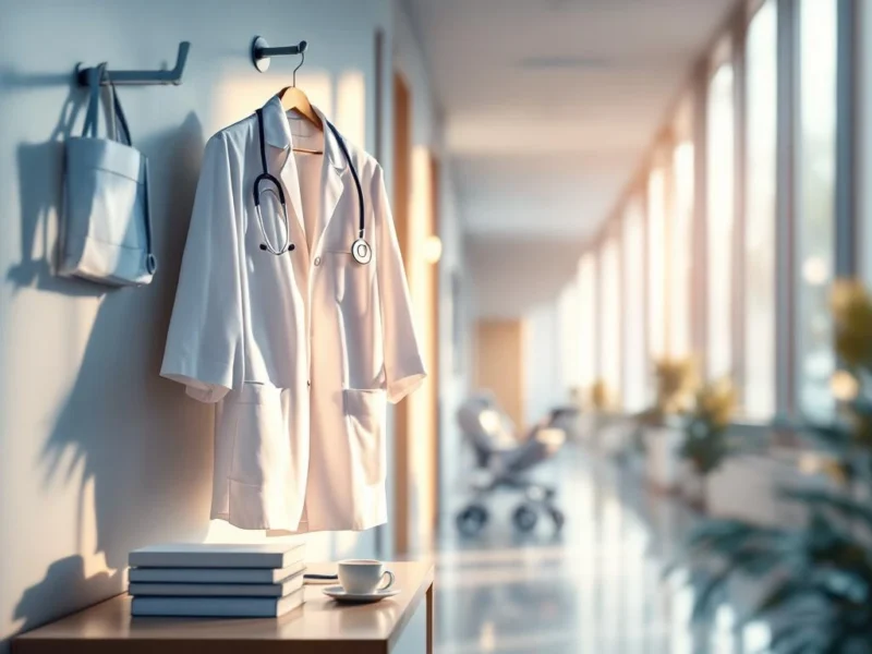 Weißer Arztkittel und Kinderwagen im Krankenhaus-Flur mit medizinischen Büchern und Stethoskop auf Oberfläche