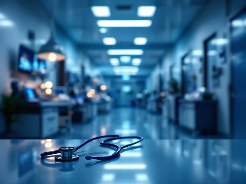 Krankenhaus-Korridor bei Nacht mit blau-weißer Beleuchtung, Stethoskop auf Schwesternstation, medizinische Geräte im Hintergrund