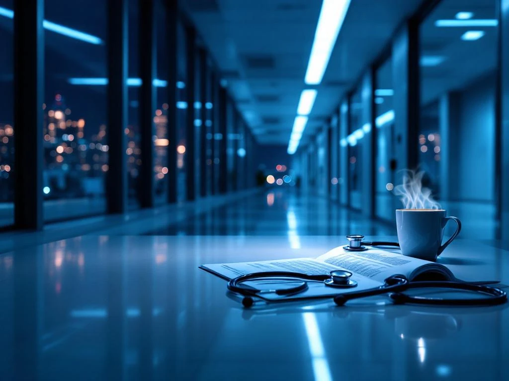 Krankenhaus-Korridor bei Nacht mit Stethoskop auf Arbeitsplatz, Patientenakte und Kaffeetasse, Stadtlichter im Fenster