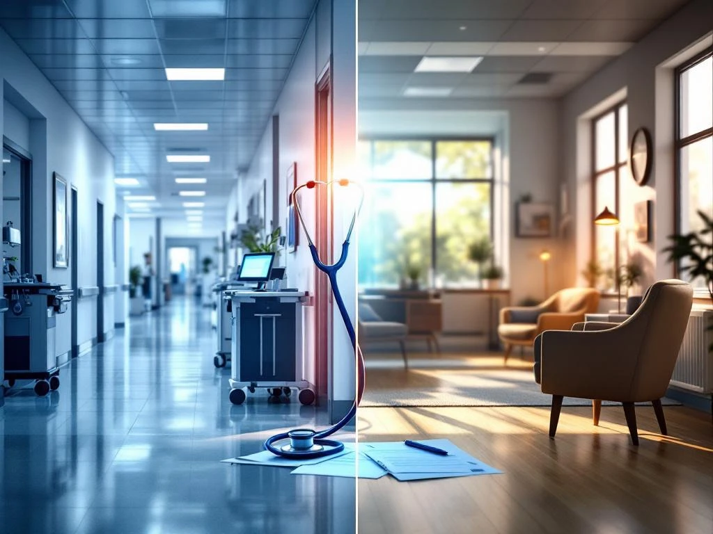 Geteiltes Bild zeigt modernen Krankenhausflur links und warme Arztpraxis rechts, verbunden durch Stethoskop in der Mitte
