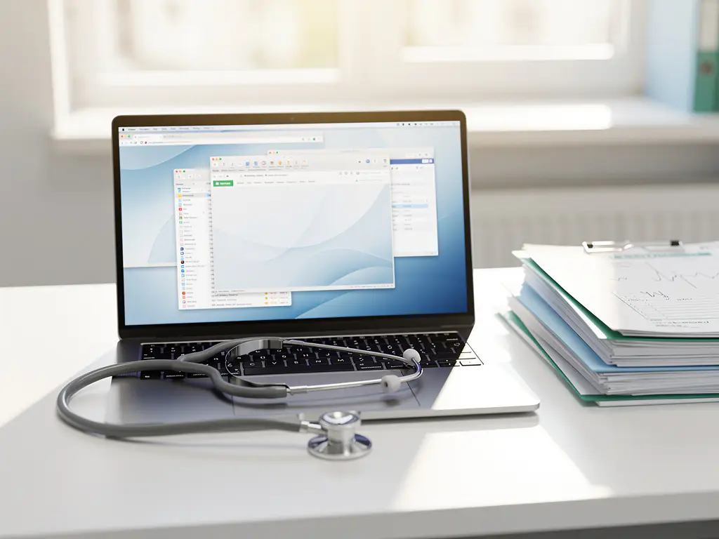 Laptop mit geöffneten Browser-Tabs und Stethoskop auf weißem Krankenhausschreibtisch neben Patientenakten