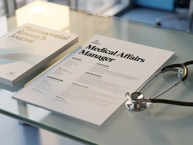 Lebenslauf für Medical Affairs Manager auf Glastisch neben Stethoskop und Pharmaforschungszeitschrift im Büro