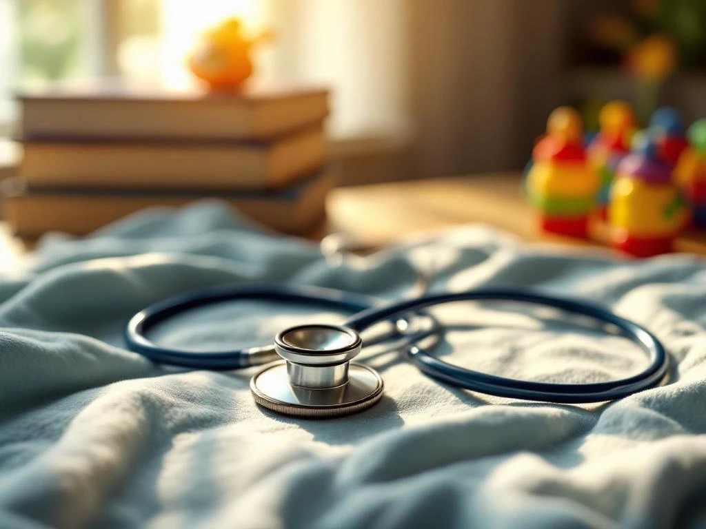Zwei Stethoskope in Herzform auf Babydecke, Medizinbücher und Spielzeug im Hintergrund, warmes Sonnenlicht