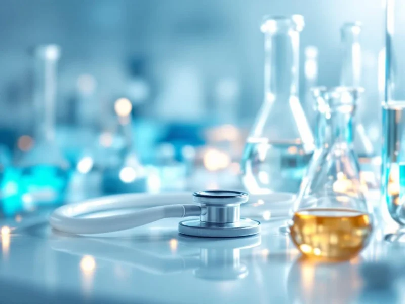 Weißes Stethoskop fließt nahtlos in moderne Laborgeräte über, symbolisiert Karrierewandel von Medizin zu Pharmazie